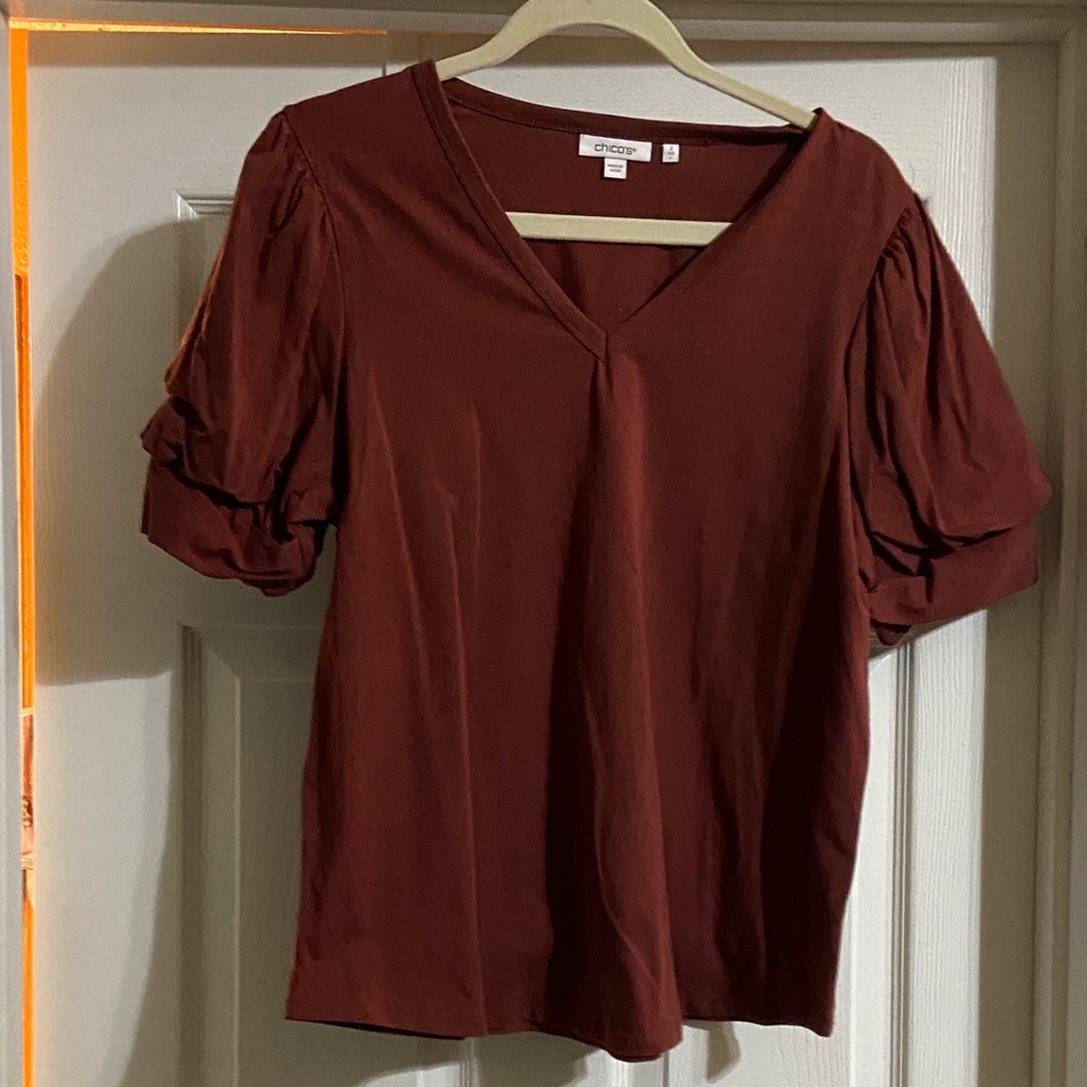 Chico's Deep Red V-Neck Puff Sleeve Top